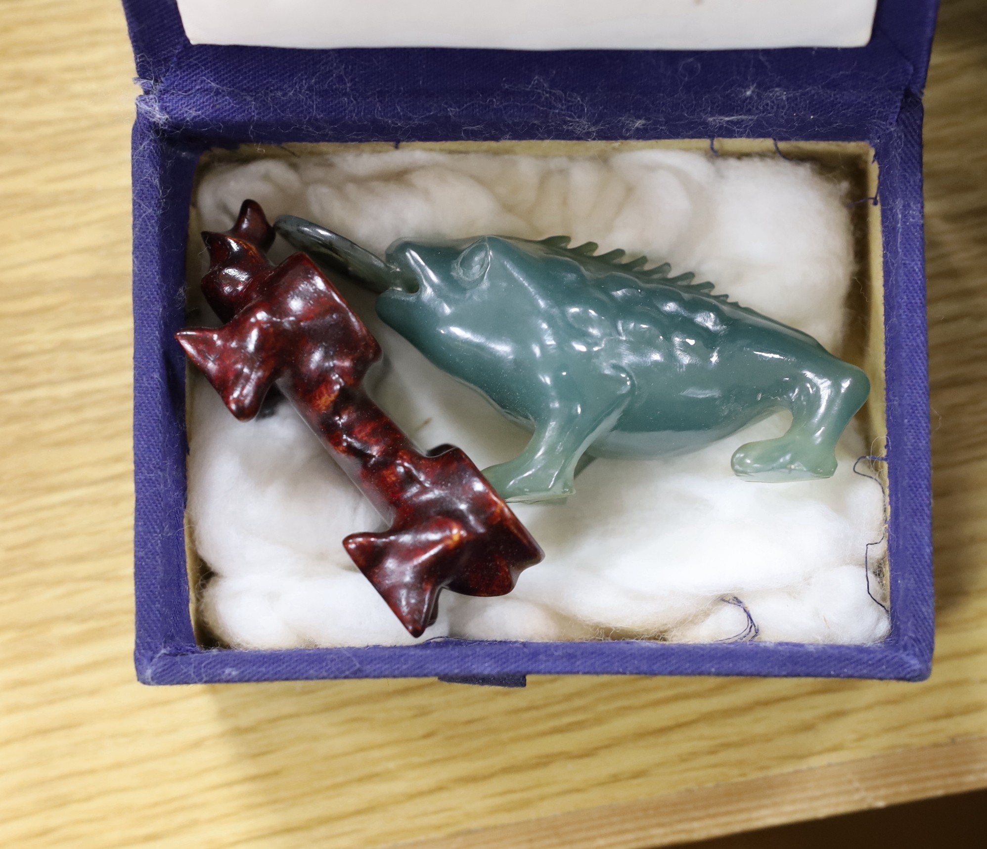 Four assorted boxed of jades and bowenite jades and a blanc de chine figure, 26.5cms high